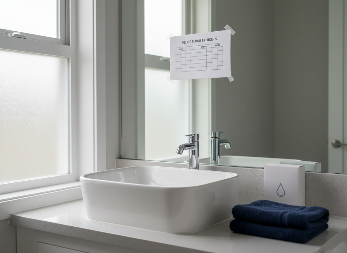 A clean, modern bathroom scene with a pristine white porcelain sink and pale gray quartz countertop, where a single dark navy towel is neatly folded beside a small, discreet box labeled with a subtle droplet icon. On the mirror, a simple printed pelvic floor exercise reminder chart is taped at eye level, its rows of days and weeks clearly visible. Soft morning daylight filters through a frosted window, creating diffused, natural illumination and faint reflections on the faucet and mirror. Shot from a slightly elevated angle with sharp focus, the photographic realism emphasizes hygiene, routine, and subtle readiness, creating a calm, reassuring, and professional mood for men managing urinary incontinence at home.