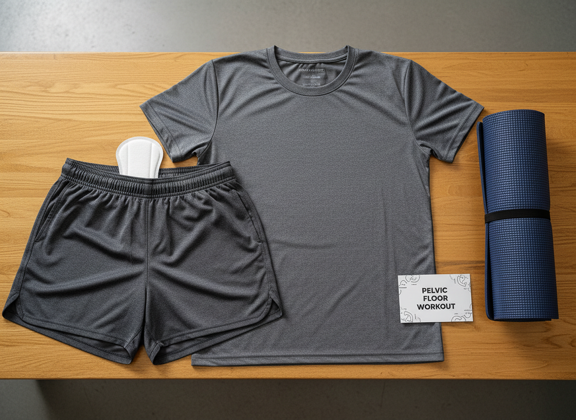 A pair of medium-gray athletic shorts and matching moisture-wicking T-shirt laid flat on a smooth wooden bench, with a discreet, slim incontinence pad partially visible beneath the waistband of the shorts, suggesting hidden protection. Beside the clothing, a neatly rolled navy exercise mat and a small printed pelvic floor workout card with simple diagrams sit in an orderly arrangement. Overhead gym-style lighting casts soft, even illumination with gentle, realistic shadows, highlighting the textures of the fabrics. Captured from a top-down, bird’s-eye view in photographic realism, the composition is clean and balanced, creating an atmosphere of quiet confidence, practicality, and readiness for a structured at-home pelvic floor training session to improve urinary control.
