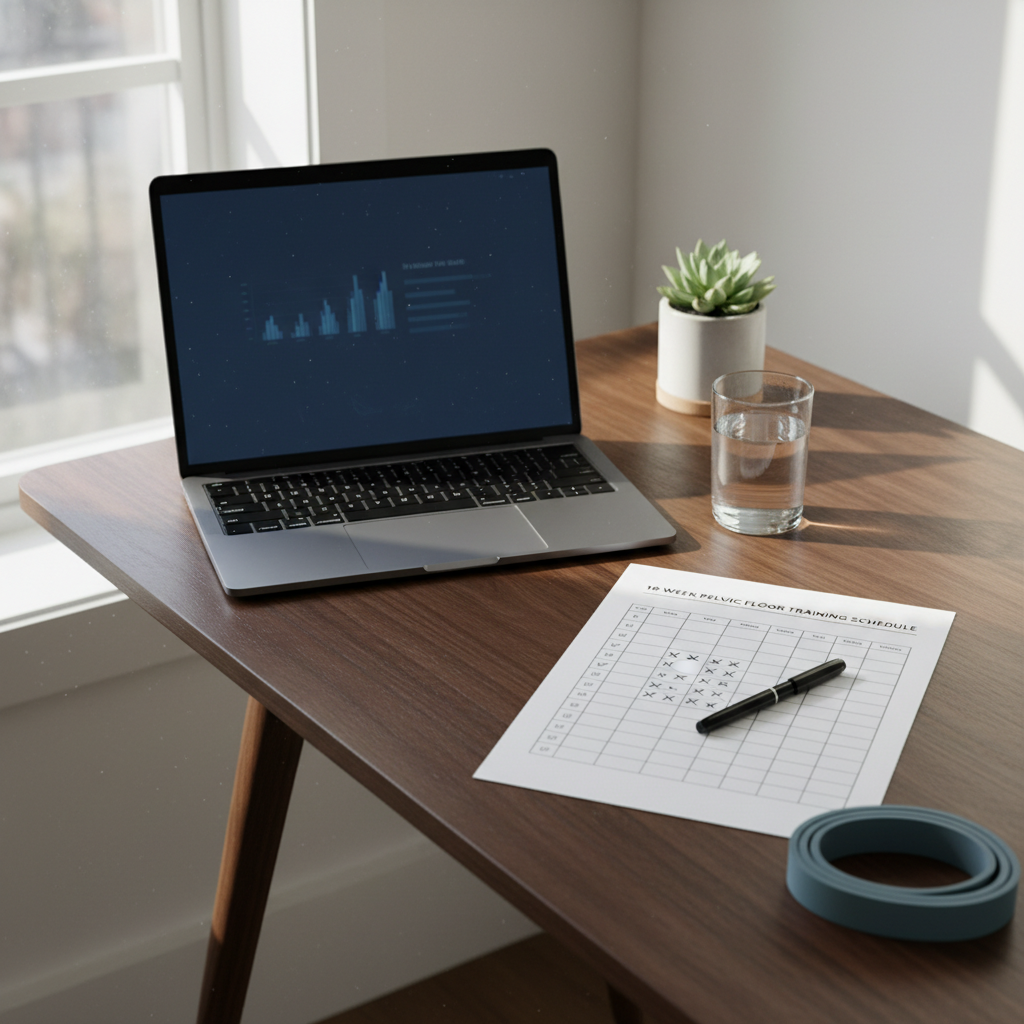 A minimalist home office corner featuring a sleek, dark wooden desk with a closed silver laptop displaying a faint reflection of a calm, blue-toned dashboard screen. Next to the laptop lies a neatly printed 18-week pelvic floor training schedule, with checkboxes partially completed, a pen resting diagonally across the page, and a glass of water nearby. A subtle, muted blue exercise band is coiled at the desk’s edge, hinting at at-home pelvic floor exercises. Soft, diffused afternoon light enters from the left, casting gentle shadows and a serene glow across the tabletop. Photographic realism, eye-level composition, and a balanced, uncluttered layout create a calm, organized, and professional environment that suggests structure, progress, and control over urinary incontinence management.